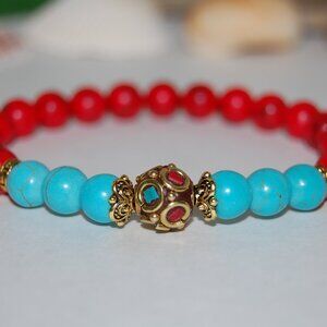 Tuquoise Bracelet,Red Howlite Bracelet,Tibetan Bracelet,Bronze Charm